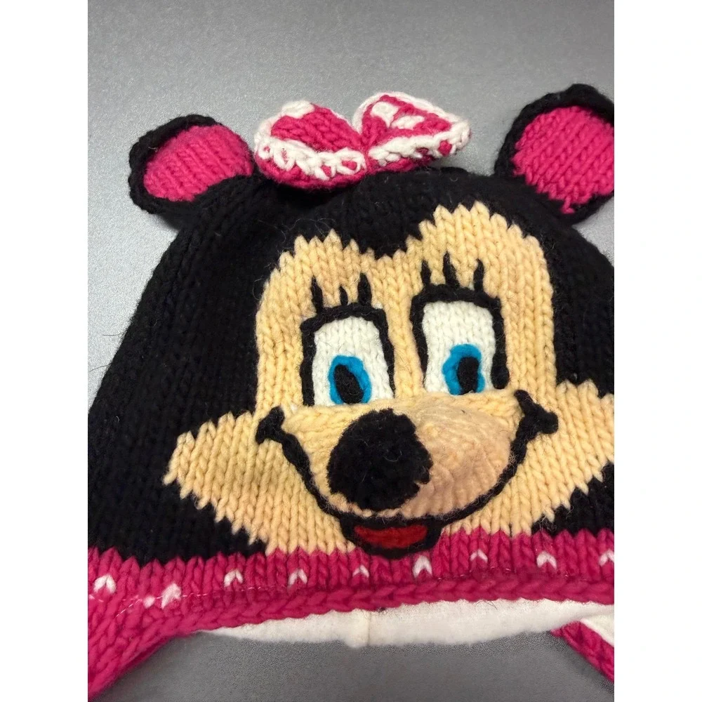 Southwest Crafts Handmade Minnie Mouse Knit Beanie Pink Black Fleece Lined NWT